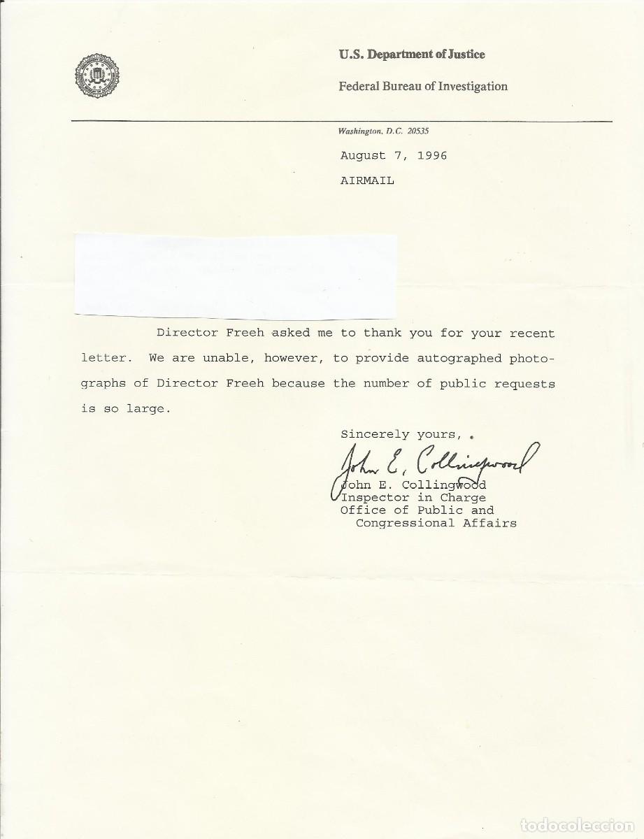 Documentos antiguos: Department of Justice. Washington. USA. John E. Colingwood. Documento firmado. 1996. 31x21 cm.