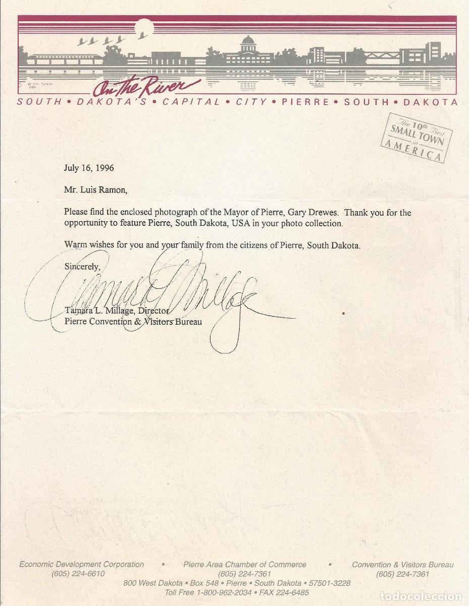 Documentos antiguos: South Dakota. USA. Tamara L. Millage. Visitors Bureau. Documento firmado. 1996. 28x21 cm.