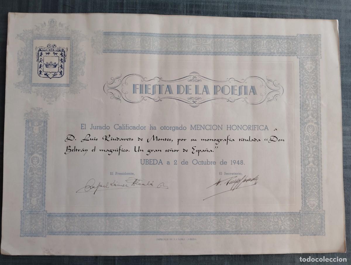 Documentos antiguos: MENCION HONORIFICA POESIA. AL ESCRITOR - LUIS RIUDAVETS - UBEDA 1948. ENVIO CERTIFICADO INCLUIDO.
