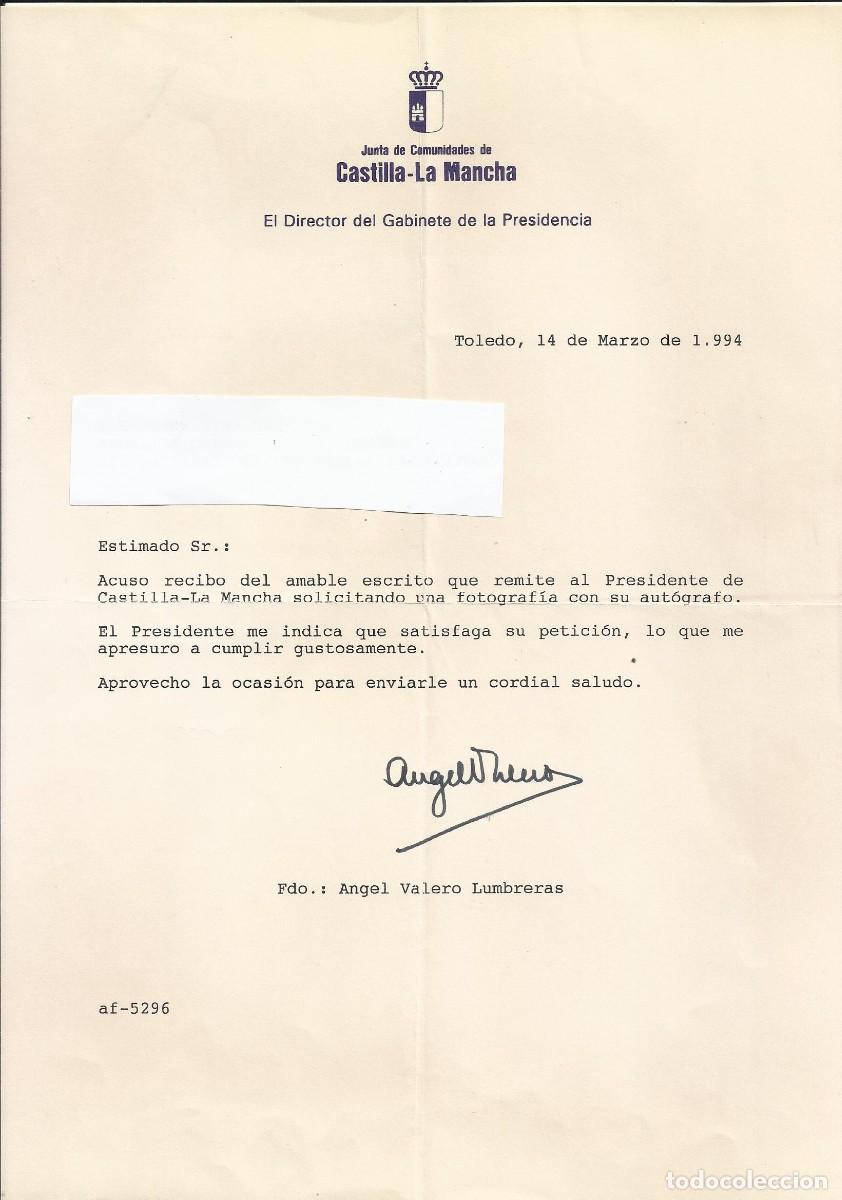 Documentos antiguos: Castilla-La Mancha. Junta. Presidencia. Angel Valero Lumbreras. Documento firmado. 1994. 28x21 cm.