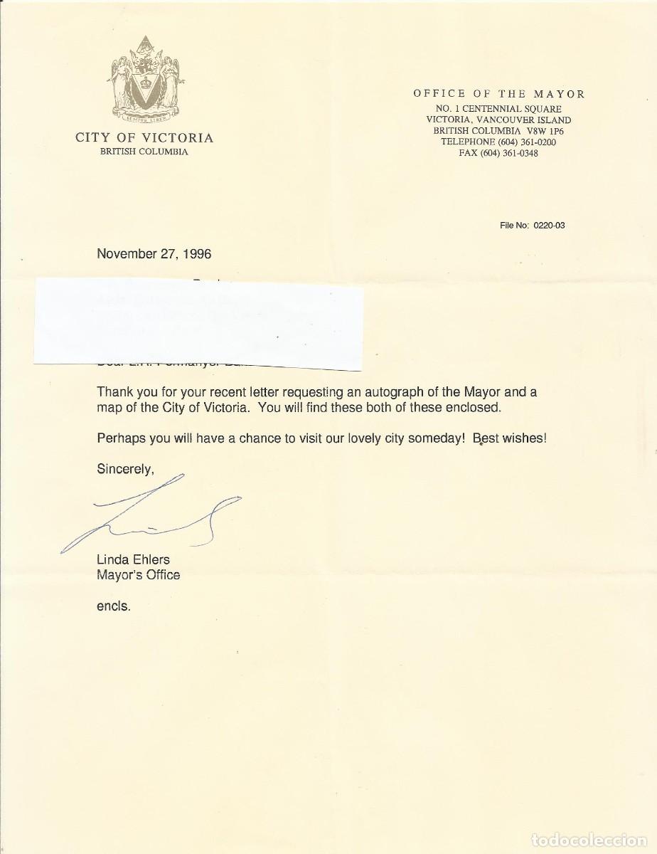 Documentos antiguos: City of Victoria. British Columbia. USA. Linda Ehlers. Alcald&iacute;a. Documento firmado. 1996. 28x21 cm.