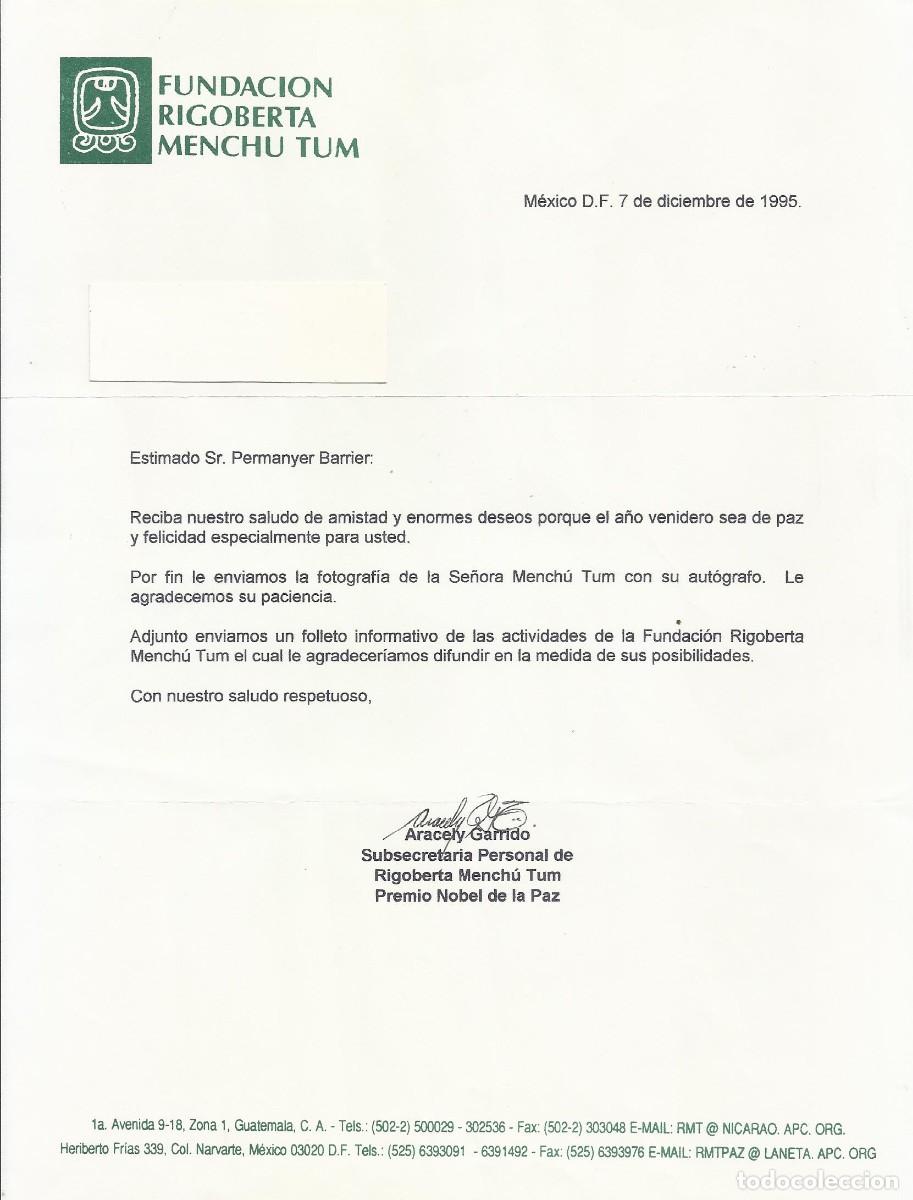 Documentos antiguos: Fundaci&oacute;n Rigoberta Menchu Tum. M&eacute;xico. Aracely Garrido. Documento firmado. 1995. 28x21 cm.