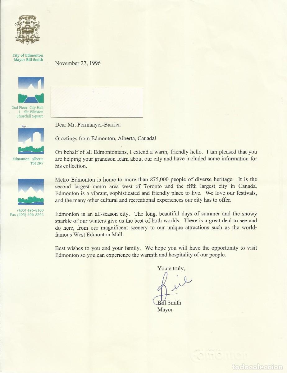 Documentos antiguos: Edmonton. Alberta. Canad&aacute;. Mayor Bill Smith. Documento firmado. 1996. 28x21 cm.