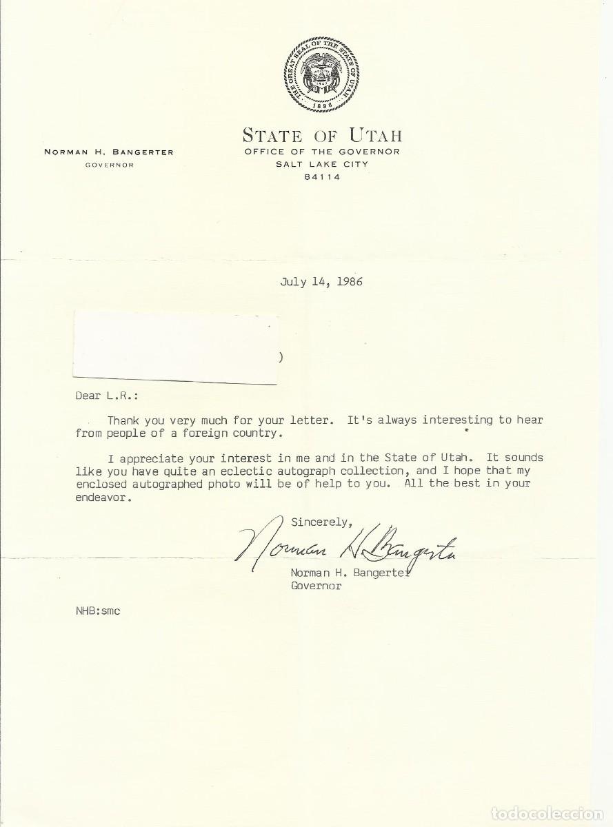 Documentos antiguos: State of Utah. Salt Lake City USA. Governor. Norman H. Bangerter. Documento firmado. 1996. 28x21 cm.
