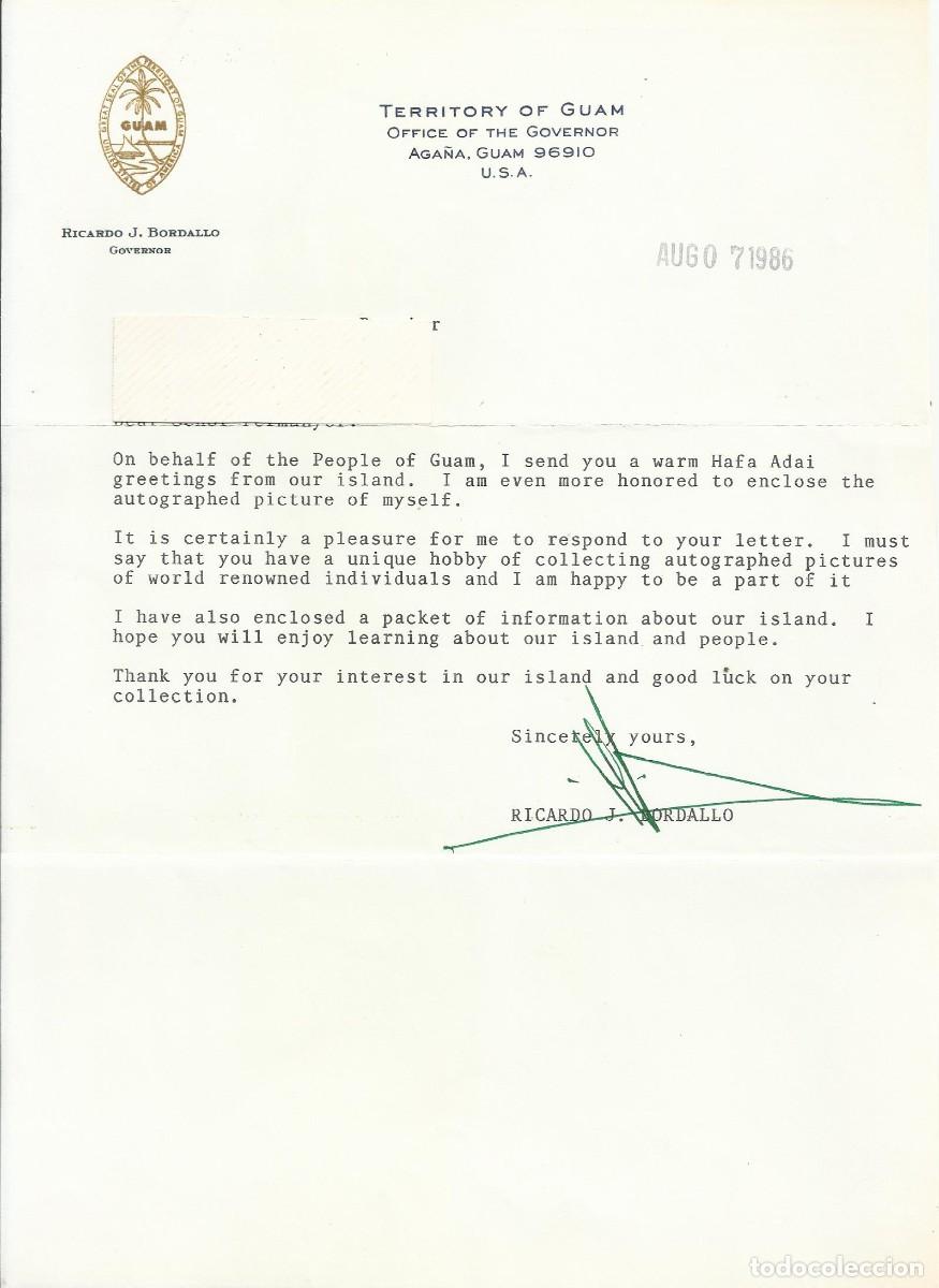 Documentos antiguos: Guam. Aga&ntilde;a. USA. Governor. Ricardo J. Bordallo. Documento firmado. 1986. 28x21 cm.