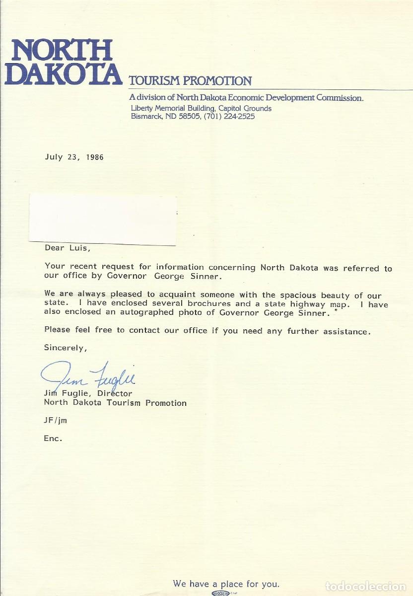 Documentos antiguos: North Dakota. USA. Tourism promotion. Jim Fuglie. Director. Documento firmado. 1986. 28x21 cm.