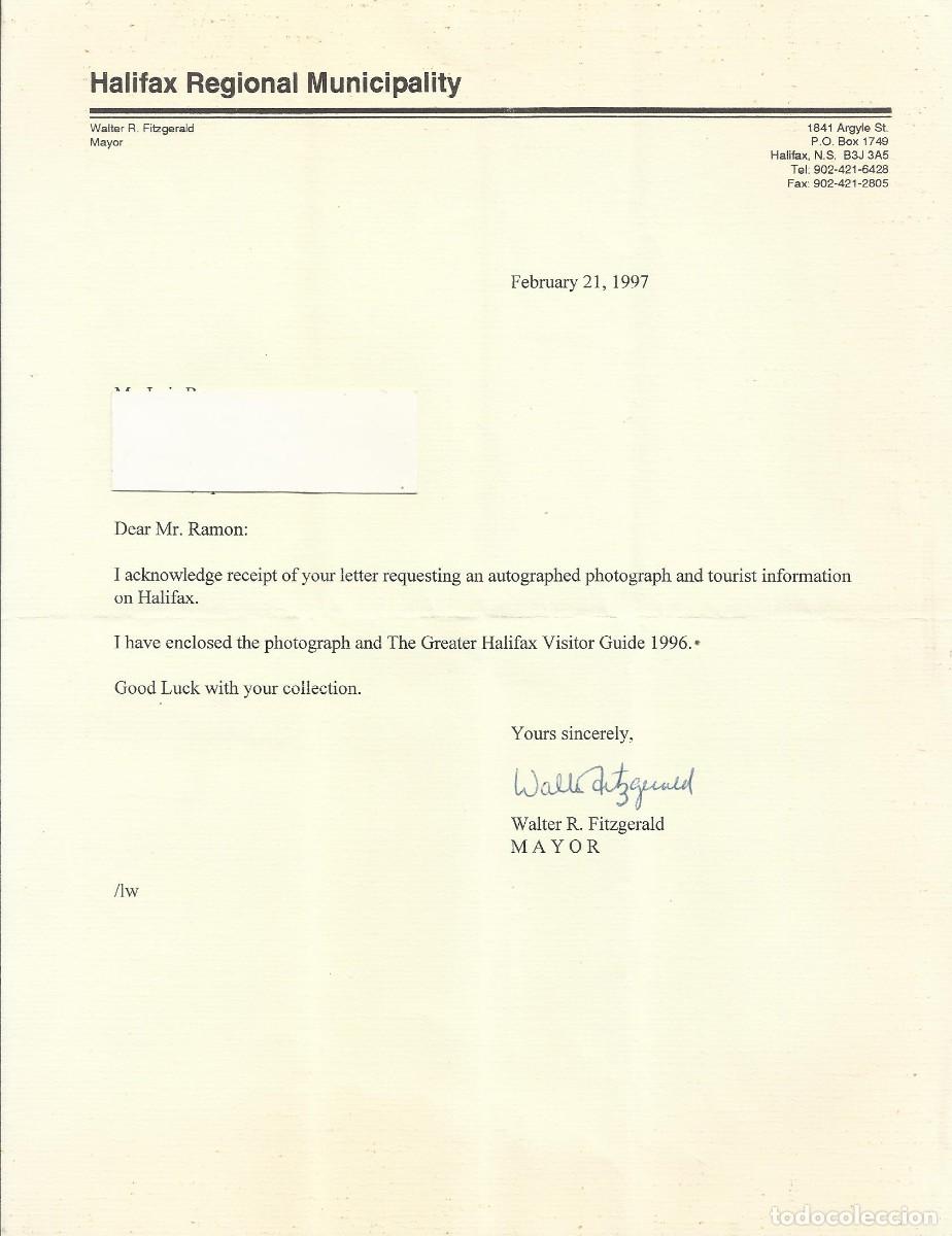 Documentos antiguos: Halifax. Canad&aacute;. Walter R. Fitzgerald. Mayor. Alcalde. Documento firmado. 1997. 28x21 cm.