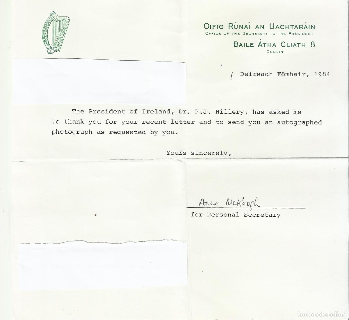 Documentos antiguos: Dublin. Irlanda. Secretaria. Presidencia. Anne Mckeogh. Documento firmado. 1984. 20x21 cm.
