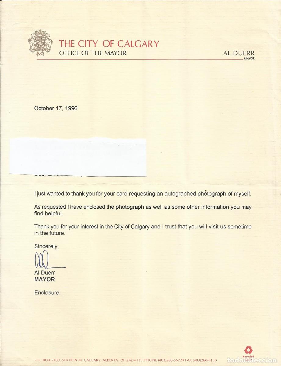 Documentos antiguos: Calgary. Canad&aacute;. Mayor. Alcalde. Al Duerr. Documento firmado. 1996. 28x21 cm.