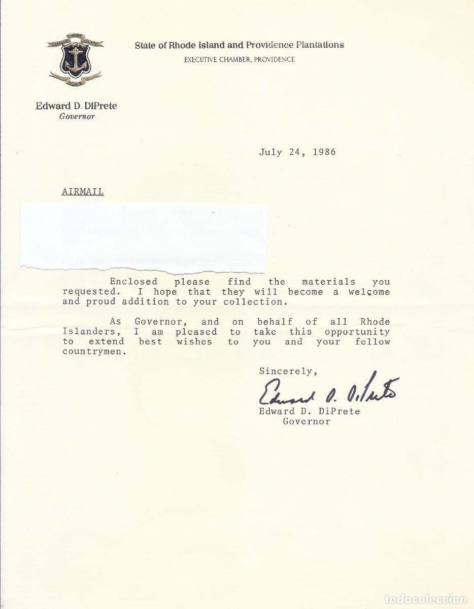 Documentos antiguos: Rhode Island. USA. Edward D. DiPrete. Governor. Gobernador. Documento firmado. 1986. 26x21 cm.