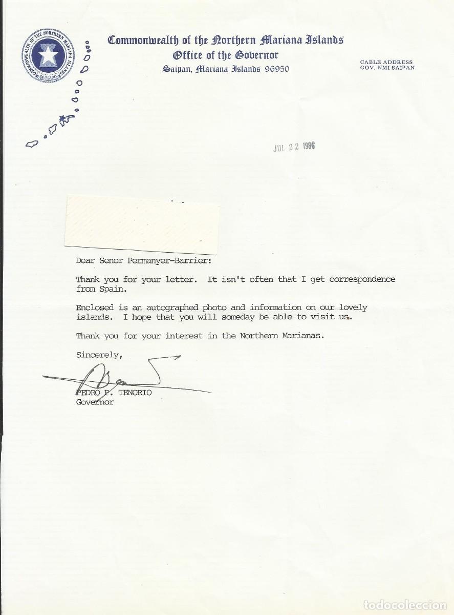Documentos antiguos: Mariana Islands. USA. Pedro P. Tenorio. Governor. Gobernador. Documento firmado. 1986. 28x21 cm.