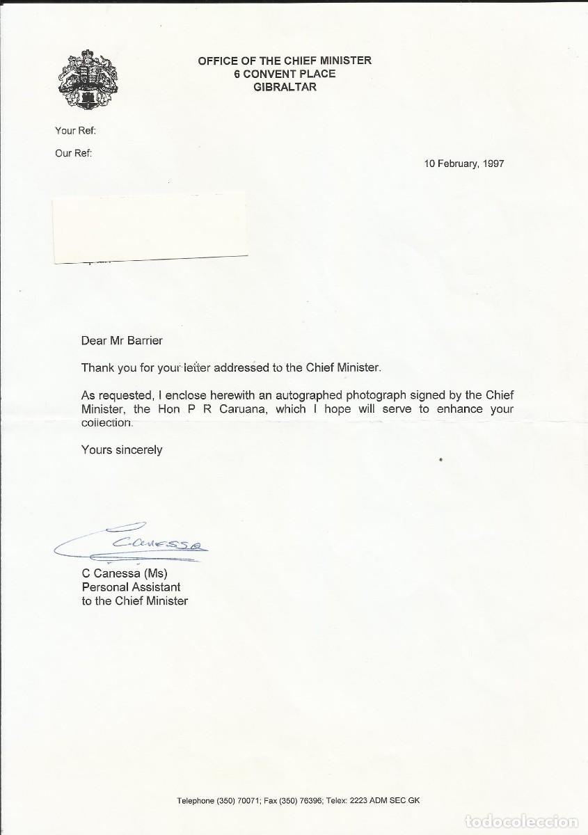 Documentos antiguos: Gibraltar. Office of the Chief Minister. C. Canessa. Assistant. Documento firmado. 1997. 30x21 cm.