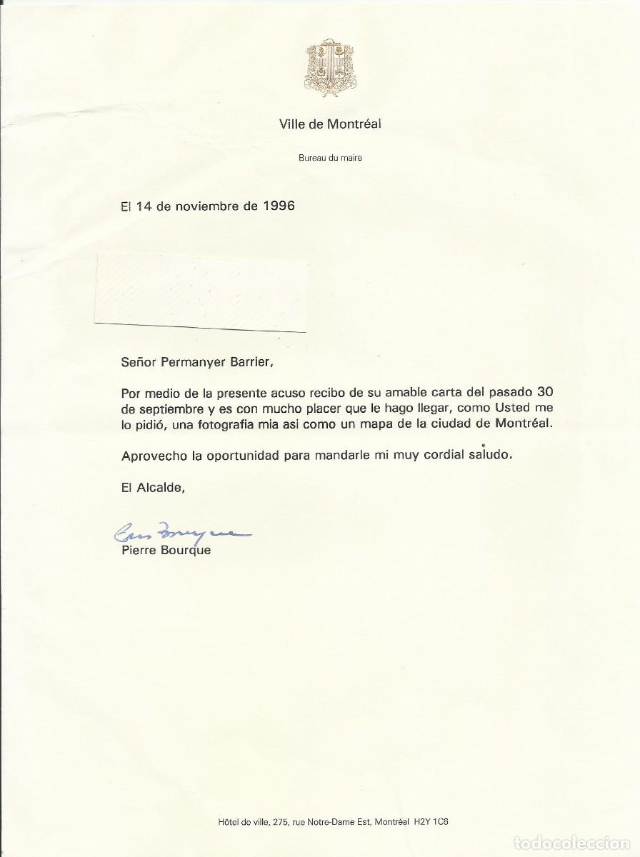 Documentos antiguos: Montreal. Canad&aacute;. Alcalde. Pierre Bourque. Bureau du maire. Documento firmado. 1996. 28x21 cm.
