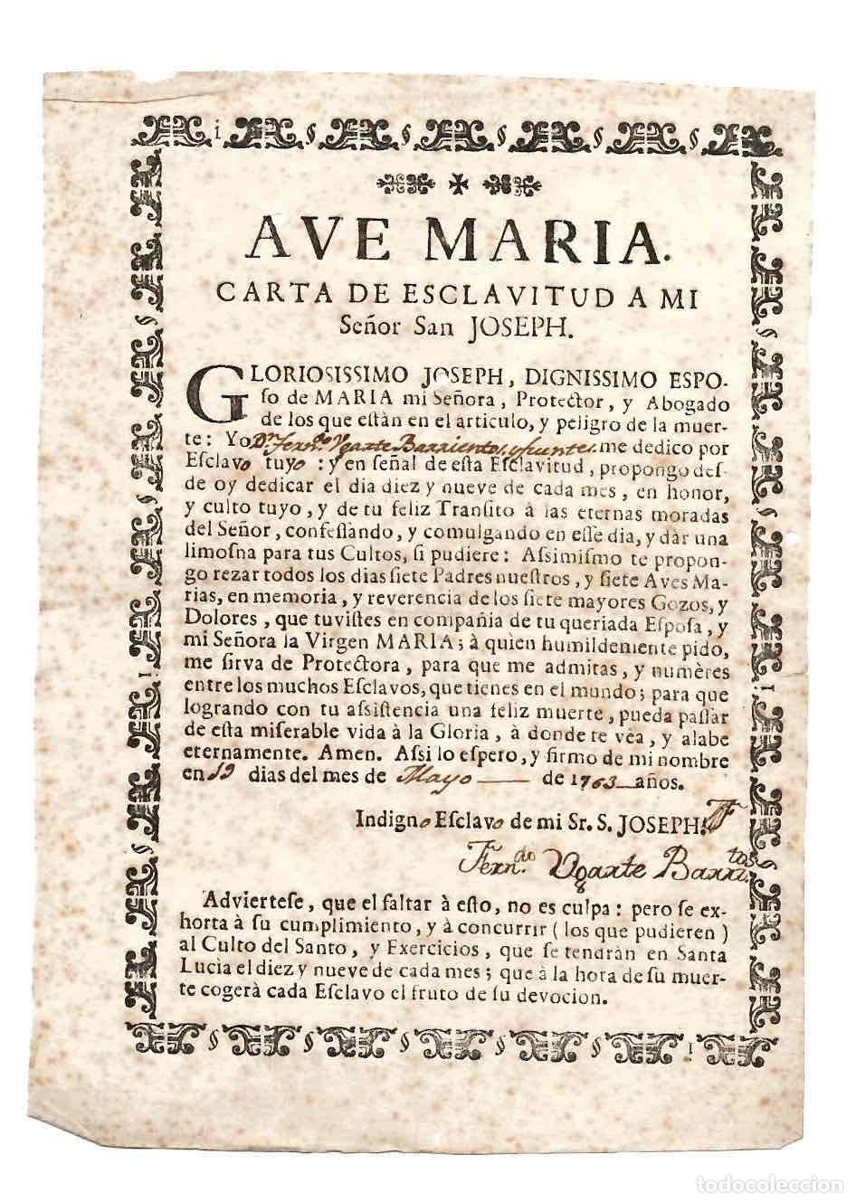 Documentos antiguos: CARTA DE ESCLAVITUD A MI SE&Ntilde;OR SAN JOSEPH. POR FERNANDO UGARTE BARRIENTOS. ANDALUCIA, 1763