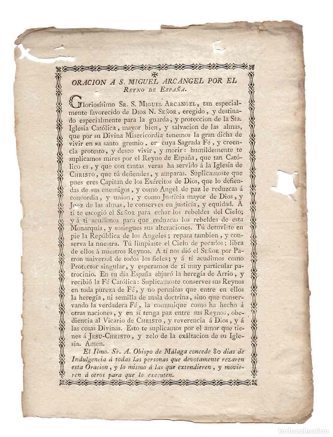 Documentos antiguos: ORACION AL S. MIGUEL ARCANGEL POR EL REYNO DE ESPA&Ntilde;A. MALAGA. C.1750