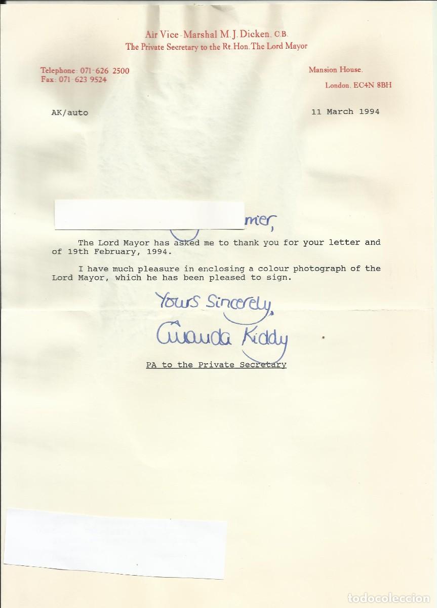 Documentos antiguos: The Lord Mayor's Secretary. Amanda Kiddy. London. Documento firmado. 1994. 30x21 cm. Londres.