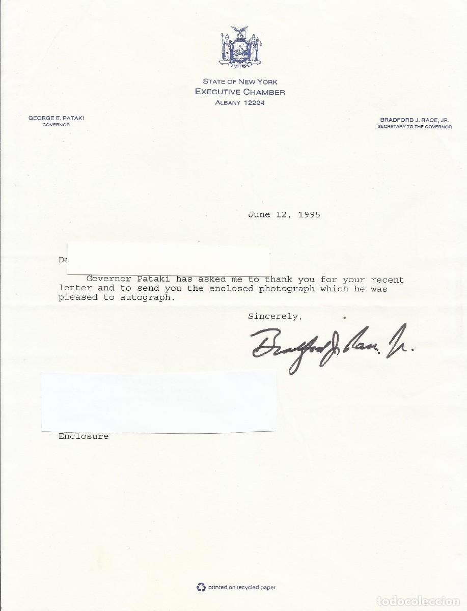 Documentos antiguos: State of New York. Albany. Secretary Governor. Bradford J. Race. Documento firmado. 1995. 28x21 cm.