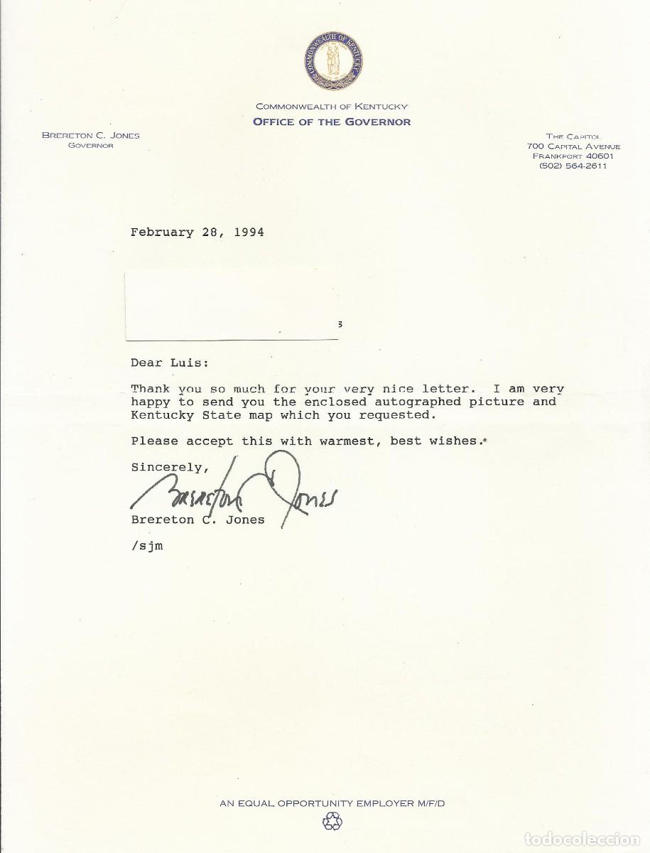 Documentos antiguos: Kentucky. Brereton C. Jones. Office of the Governor. USA. Documento firmado. 1994 28x21 cm.