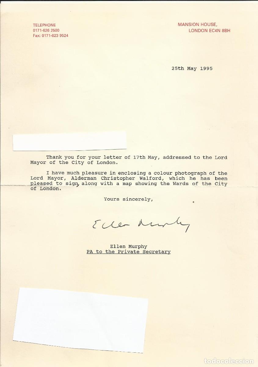 Documentos antiguos: Mansion House. London. Londres. Secretary Lord Mayor Ellen Murphy. Documento firmado. 1995 28x21 cm.