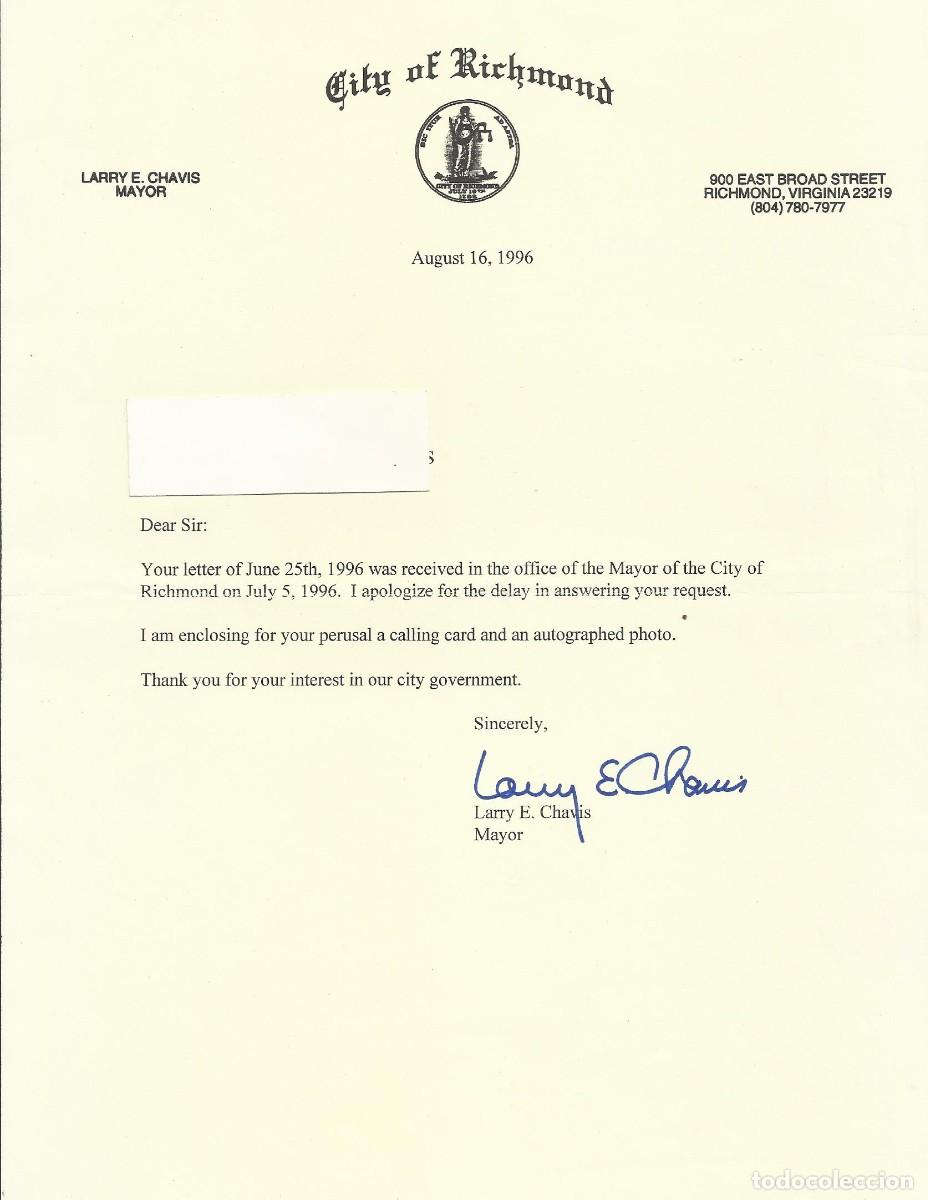 Documentos antiguos: City of Richmond. Virginia. USA. Larry E. Chavis. Mayor. Alcalde. Documento firmado. 1996. 28x21 cm.