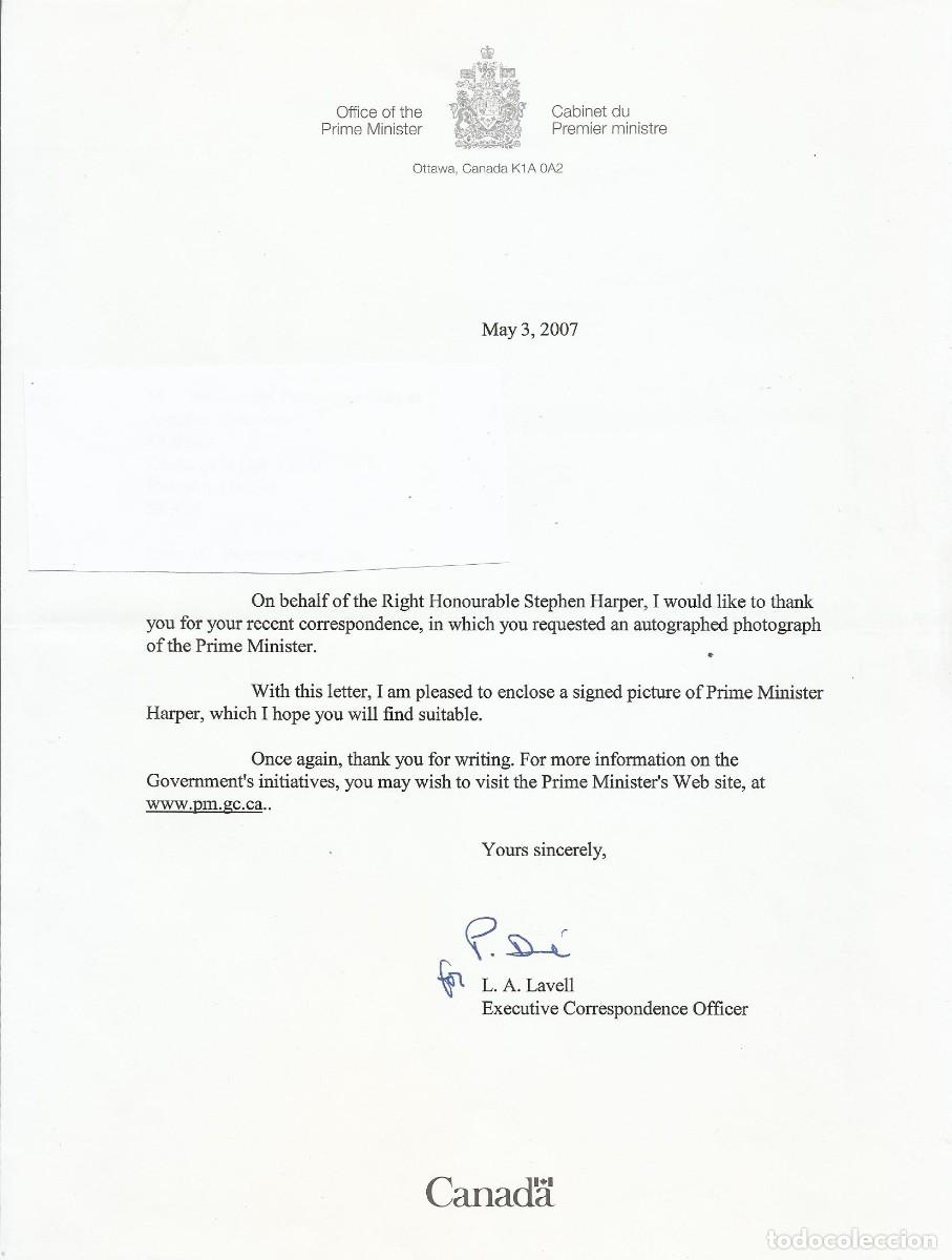 Documentos antiguos: Canad&aacute;. Ottawa. Office of the Prime Minister. L. A. Lavell. Documento firmado. 2007. 28x21 cm.