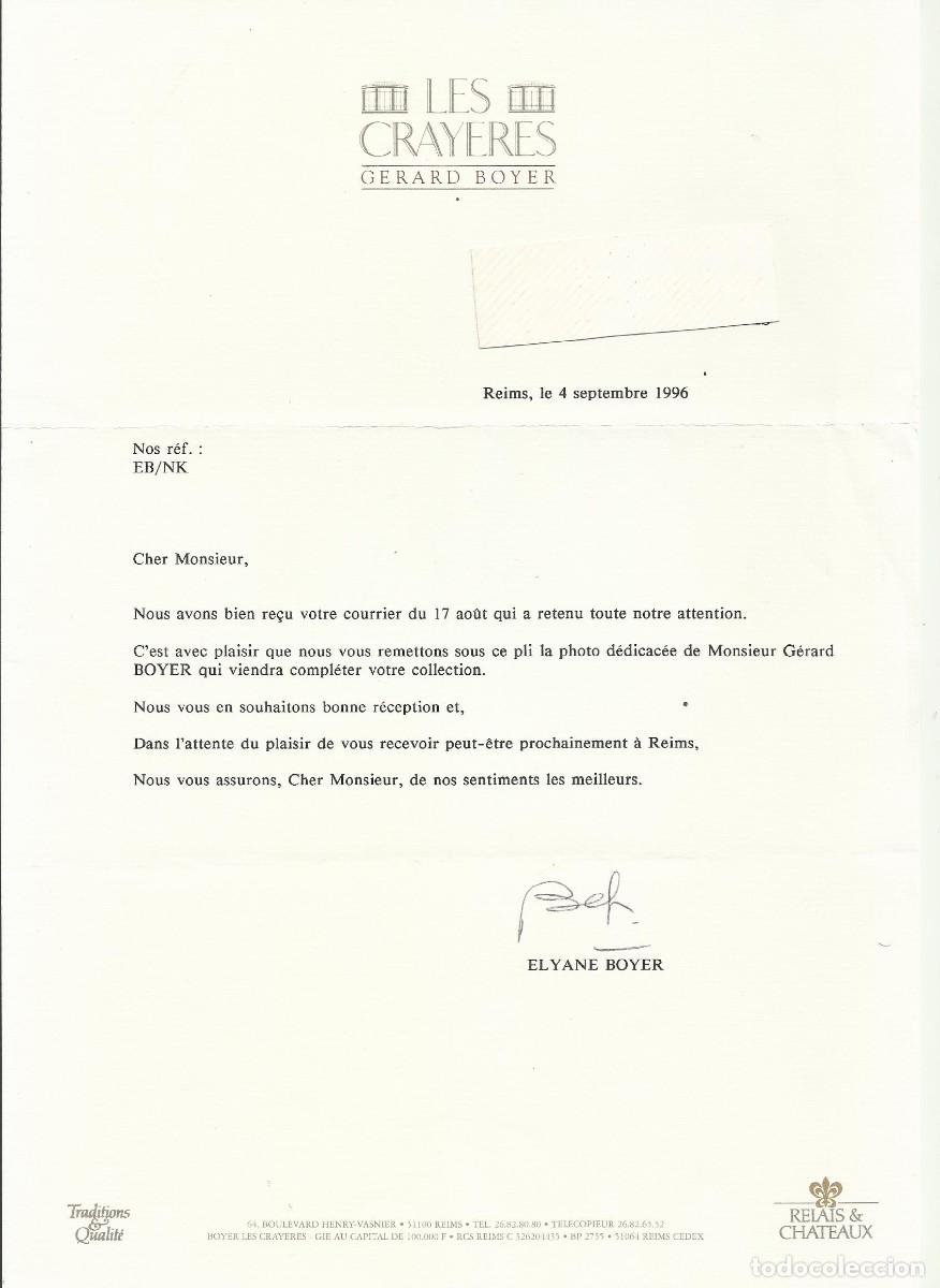 Documentos antiguos: Reims. Francia. Les Crayeres. Gerard Boyer. Elyane Boyer. Documento firmado. 1996. 30x21 cm.