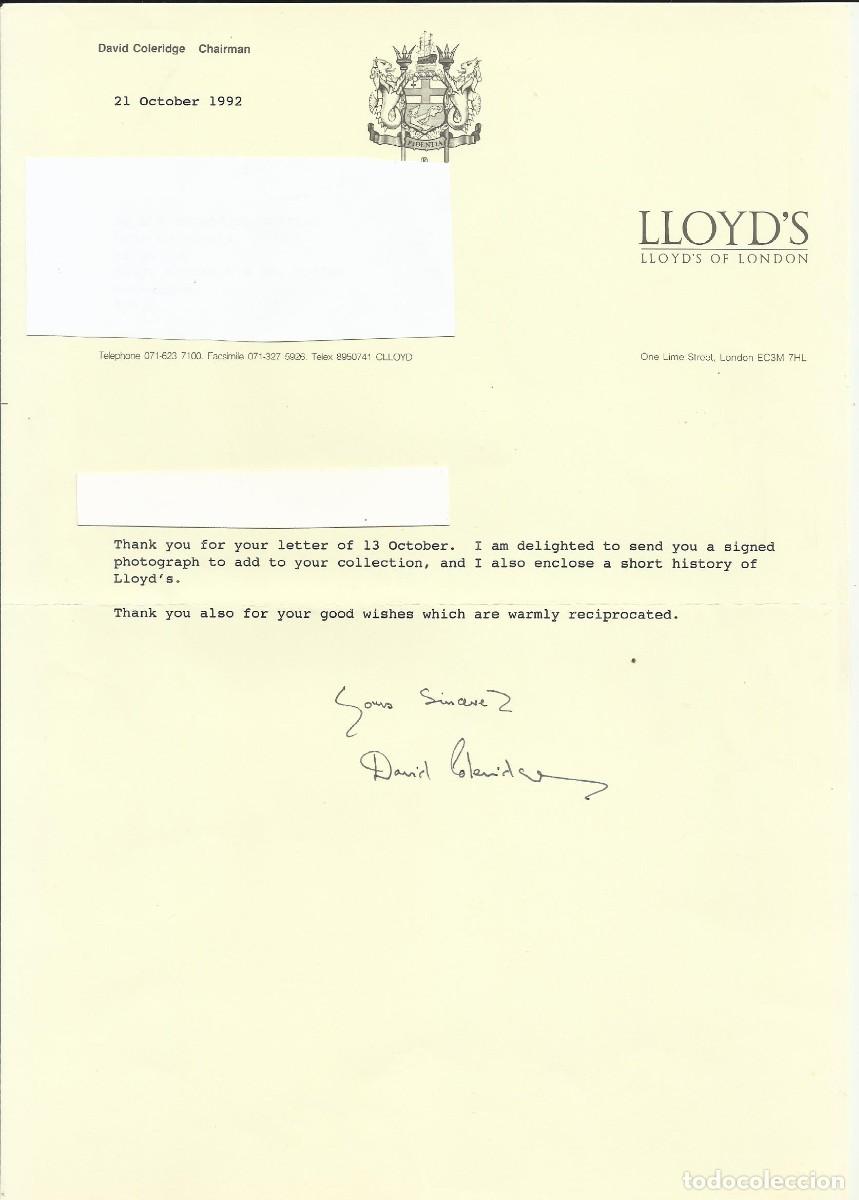 Documentos antiguos: Lloyd's. London. Londres. David Coleridge. Presidente. Chairman. Documento firmado. 1992. 30x21 cm.