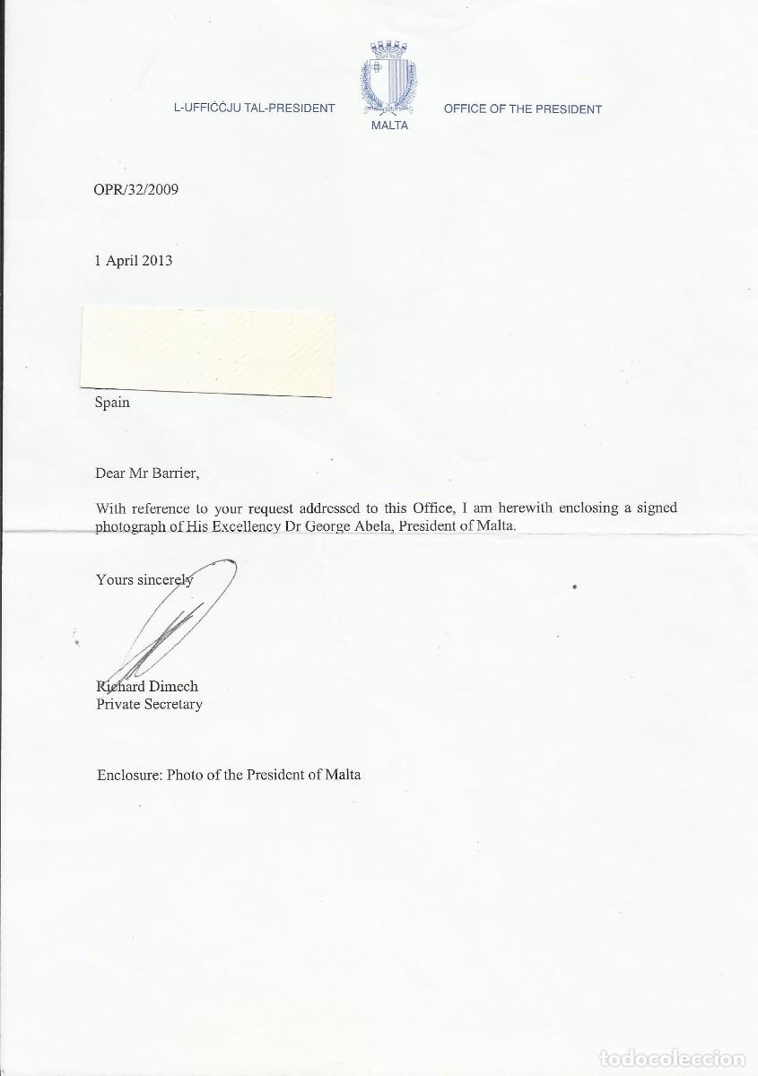 Documentos antiguos: Malta. Office of the President. Richard Dimech. Private Secretary Documento firmado. 2013. 30x21 cm.