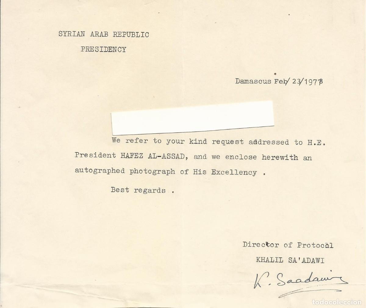 Documents Anciens: Presidencia. Siria. Damasco. Khalil Saadawi. Director Protocolo. Documento firmado. 1978. 18x21 cm.