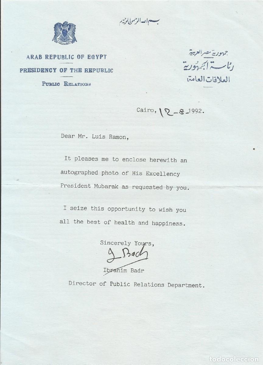 Documentos antiguos: Egipto. Presidencia. Ibrahim Badr. Director Relaciones P&uacute;blicas. Documento firmado. 1992. 23x16 cm.
