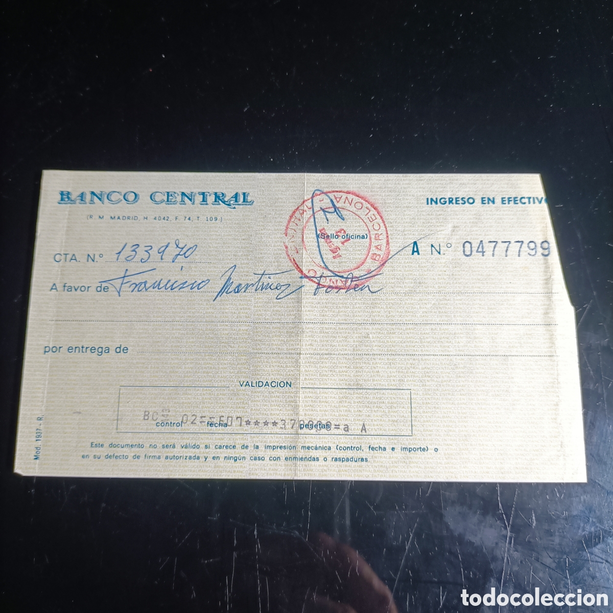 Documentos antiguos: RECIBO BANCO CENTRAL