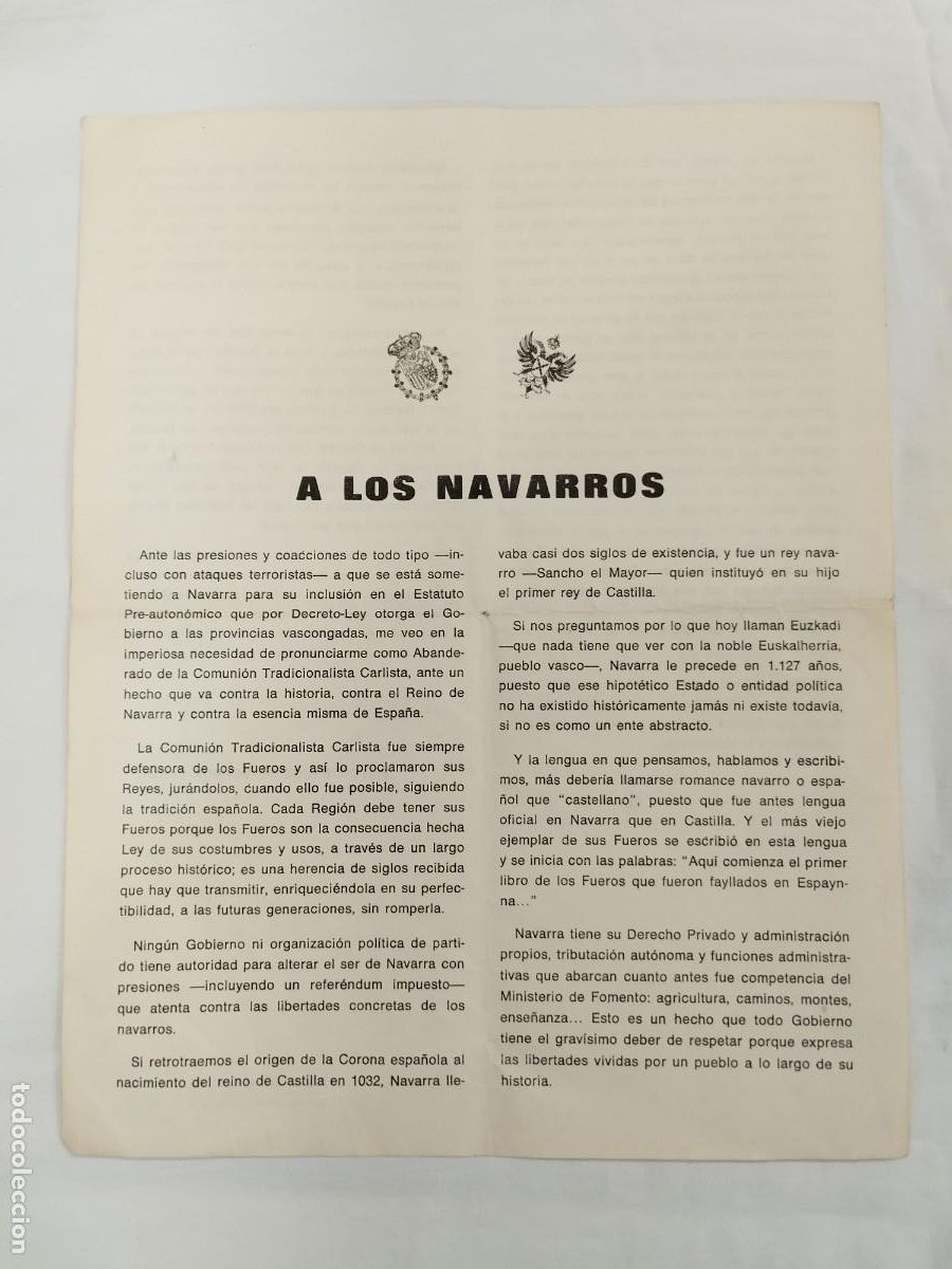 Documentos antiguos: MANIFIESTO CARLISTA A LOS NAVARROS - SIXTO ENRIQUE DE BORB&Oacute;N PARMA (MADRID, 1978)