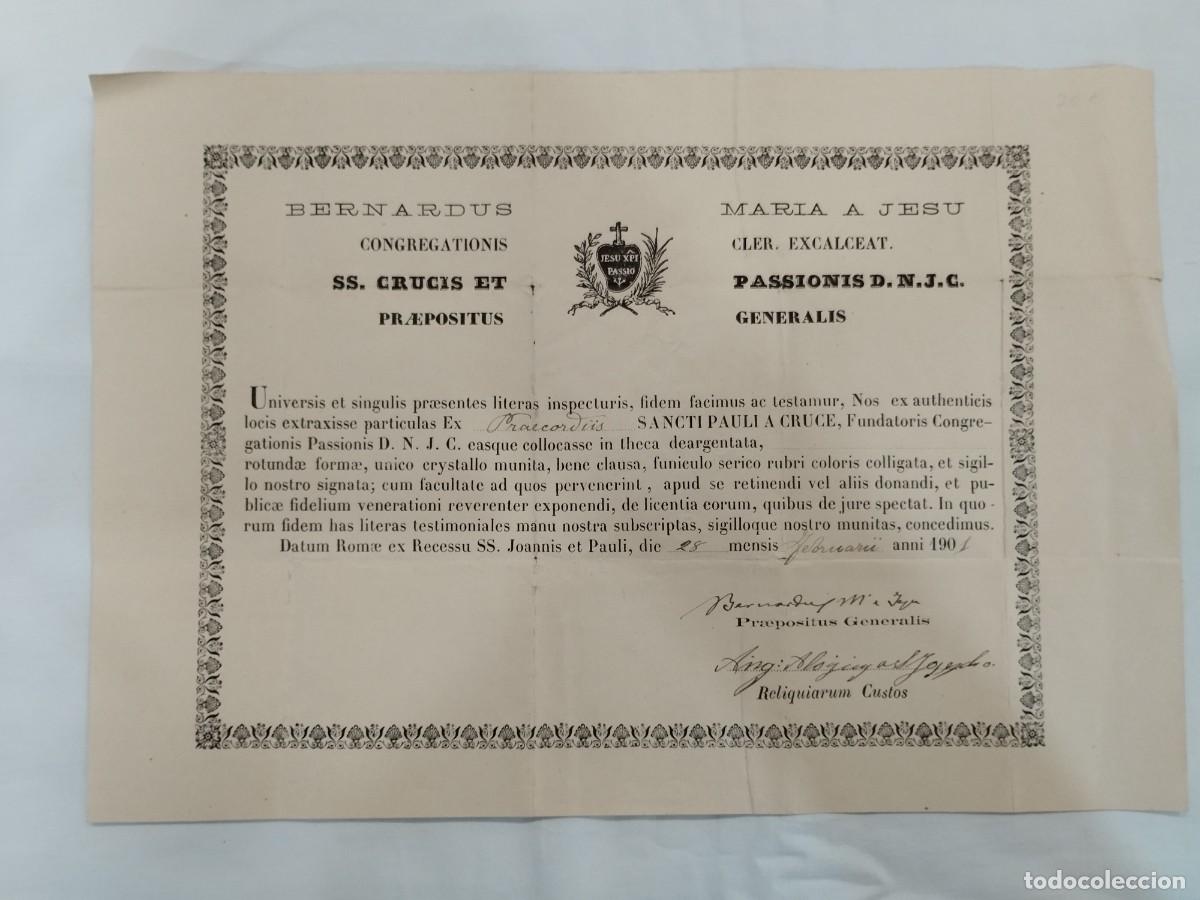 Documentos antiguos: DOCUMENTO DE AUT&Eacute;NTICiDAD DE RELIQUIA DE SAN PABLO DE LA CRUZ - ROMA 1901
