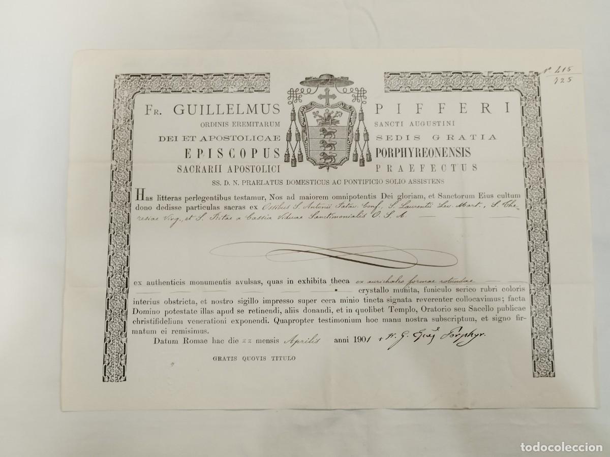 Documentos antiguos: DOCUMENTO PONTIFICIO AUT&Eacute;NTICA DE RELIQUIA M&Uacute;LTIPLE SAN ANTONIO, SAN LORENZO, SANTA TERESA ...1901