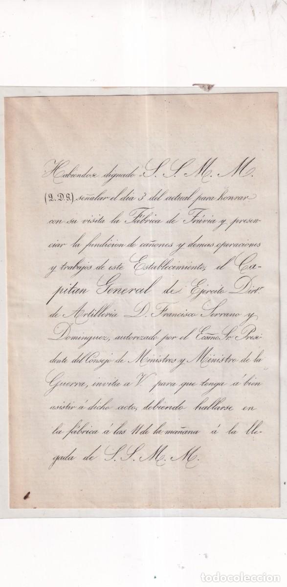 Documentos antiguos: Curioso documento invitacion SS MM a la F&aacute;brica de armas de Trubia. Asturias 31 agosto 1858