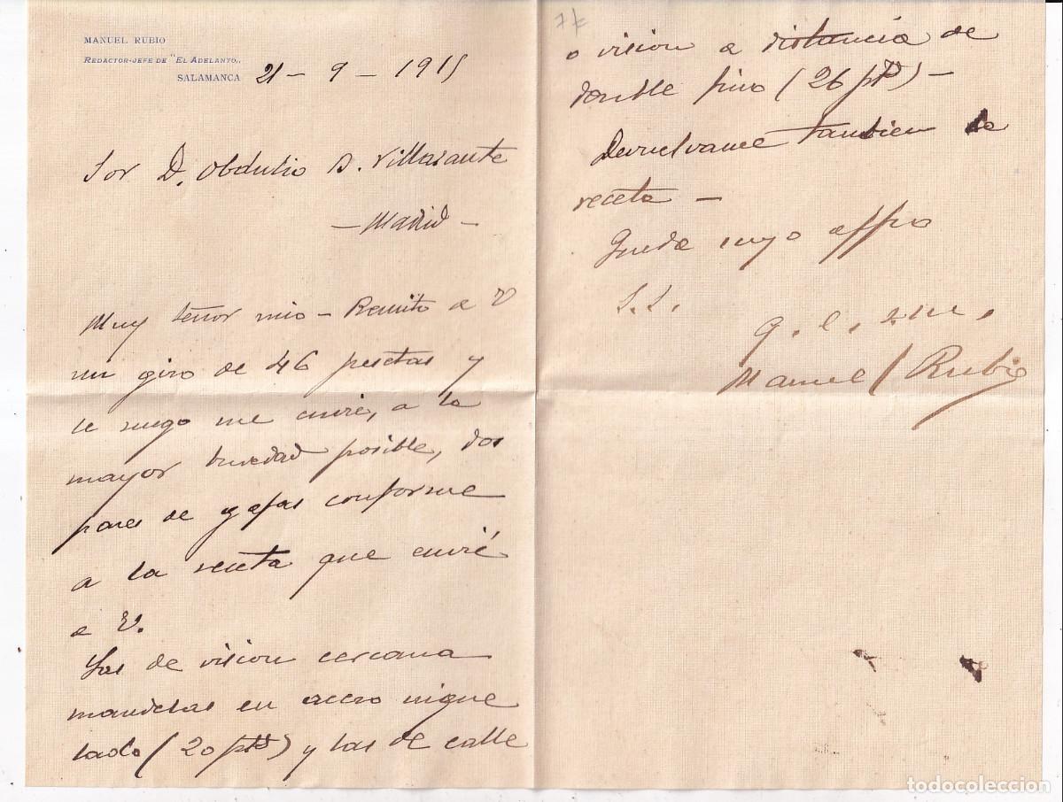 Documentos antiguos: CARTA DE MANUEL RUBIO PERIODISTA DE EL ADELANTO DE SALAMANCA AL &Oacute;PTICO OBDULIO D. VILLASANTE. 1915.