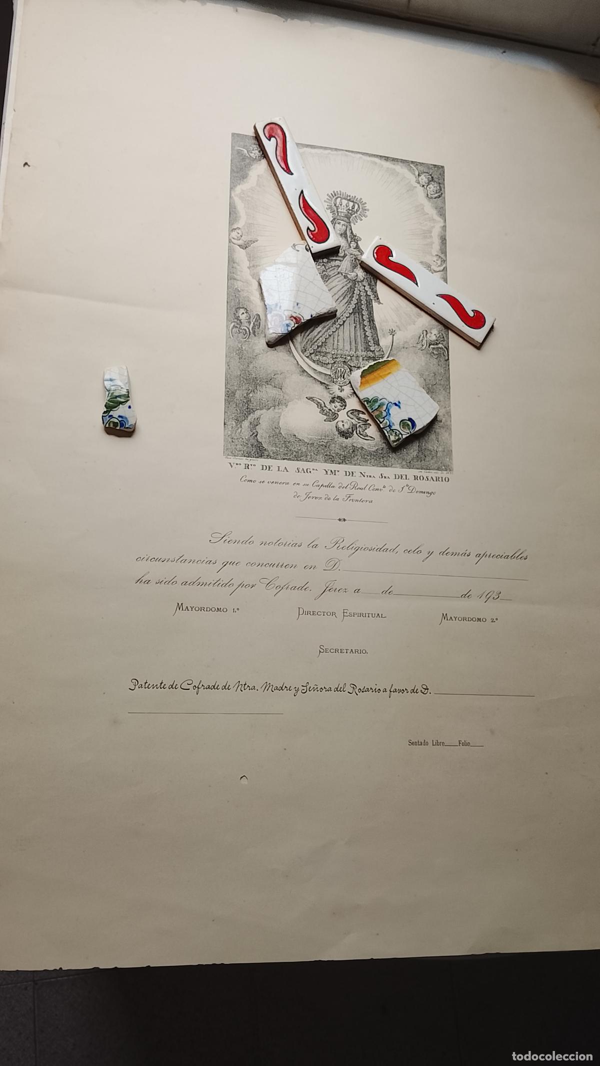 Documentos antiguos: Patente Diploma Cofrade VIRGEN Nuestra Se&ntilde;ora del Rosario Jerez de la Frontera A&ntilde;os 30 semana santa