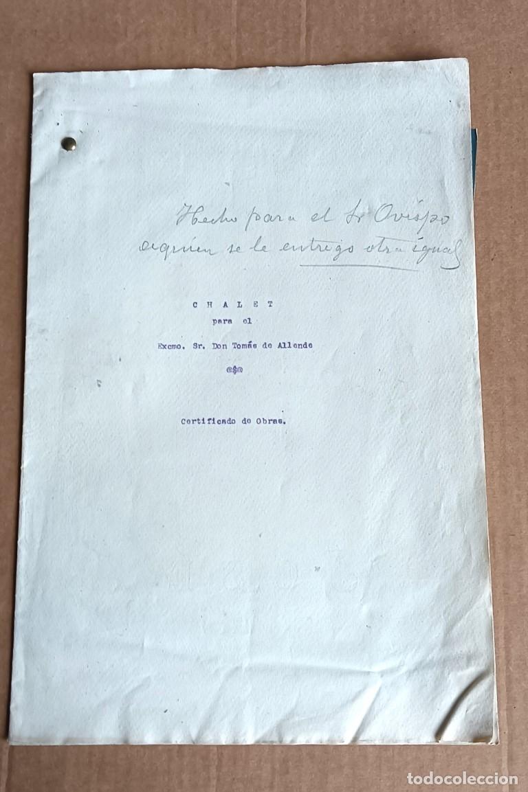 Documentos antiguos: Chalet para don Tom&aacute;s Allende certificado de obras CHALET DEL SE&Ntilde;OR OBISPO Bilbao 1907
