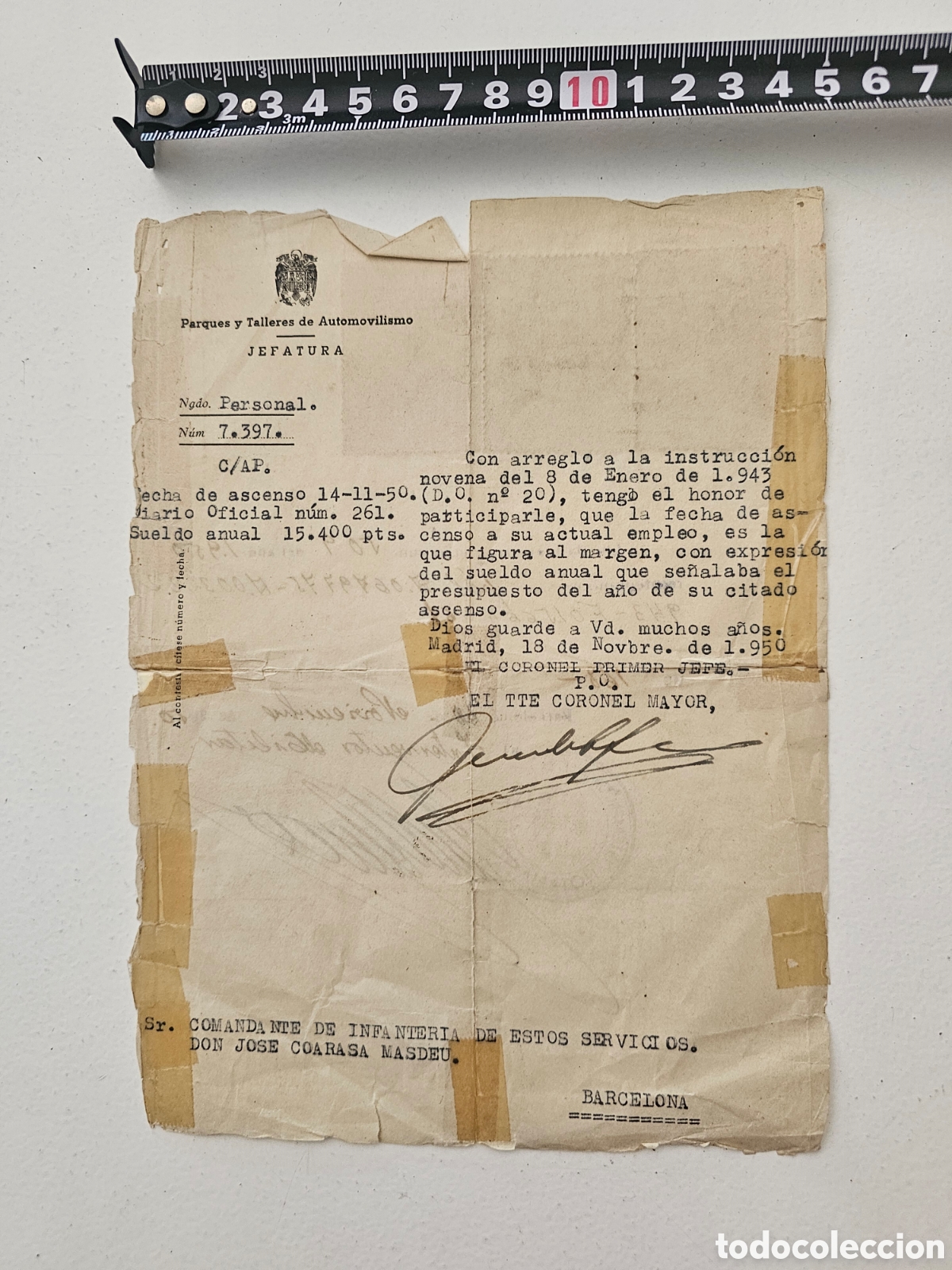 Documentos antiguos: ​Documento Oficial de Ascenso Militar (1950) - Parques y Talleres Automovilismo - Timbres Masdeu