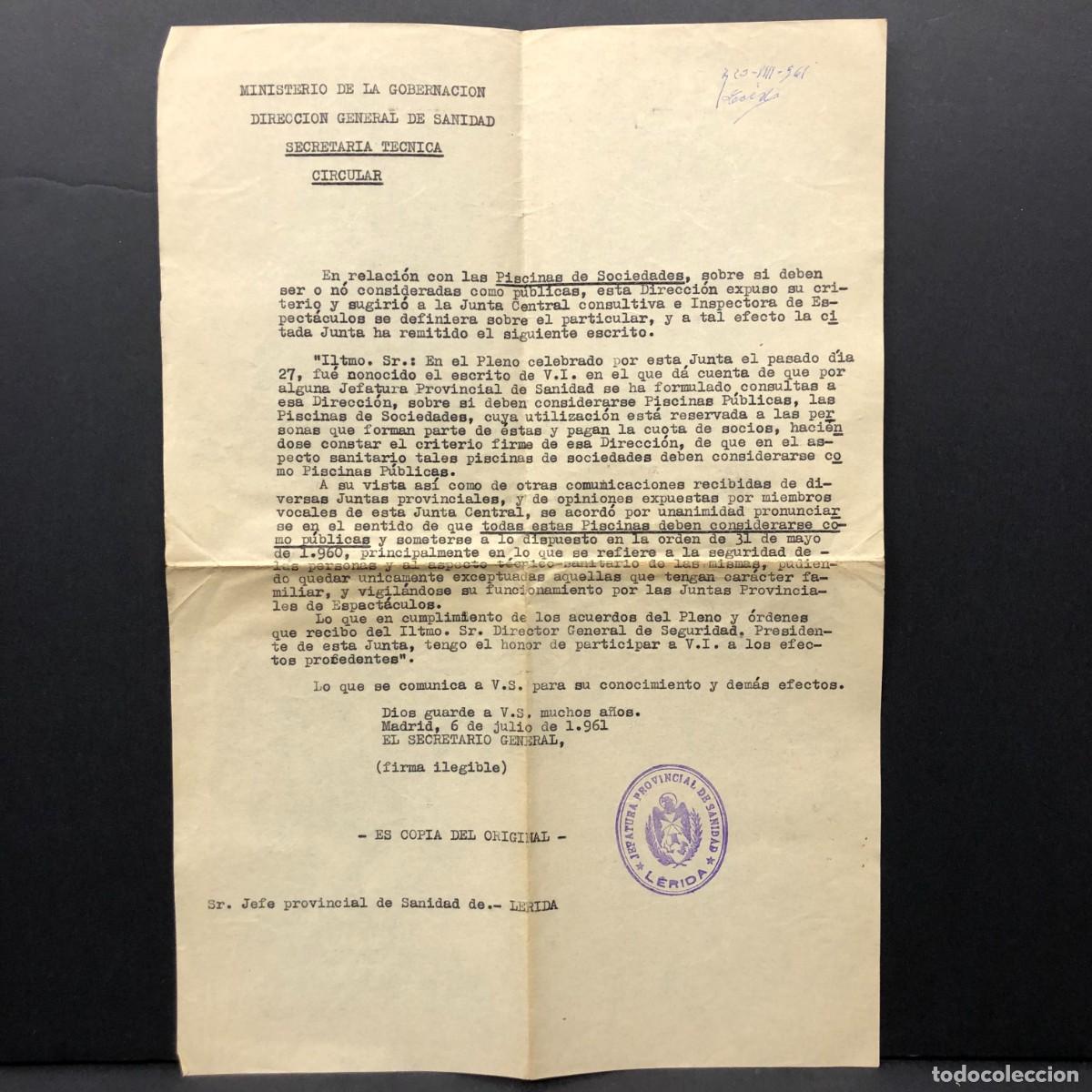 Documentos antiguos: CARTA DEL MINISTERIO DE LA GOBERNACION - JEFE PROVINCIAL DE SANIDAD DE L&Eacute;RIDA - 1961 - RARO / 248