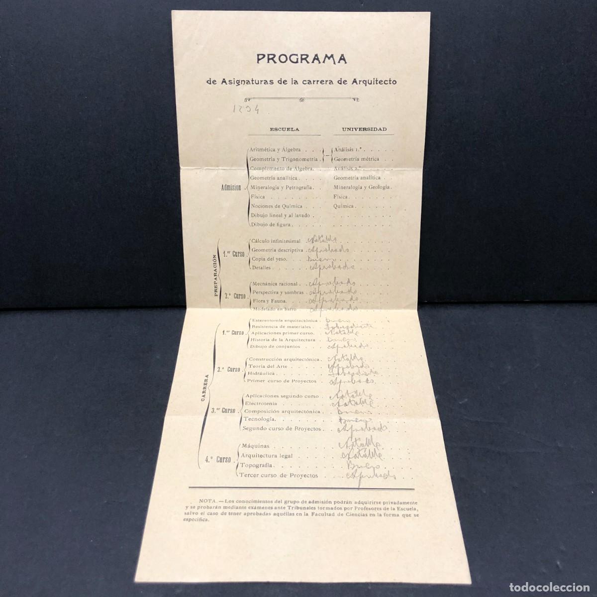Documentos antiguos: PROGRAMA DE ASIGNATURAS DE LA CARRERA DE ARQUITECTO - ARQUITECTURA - C. 1900 - RARO DOCUMENTO / 261