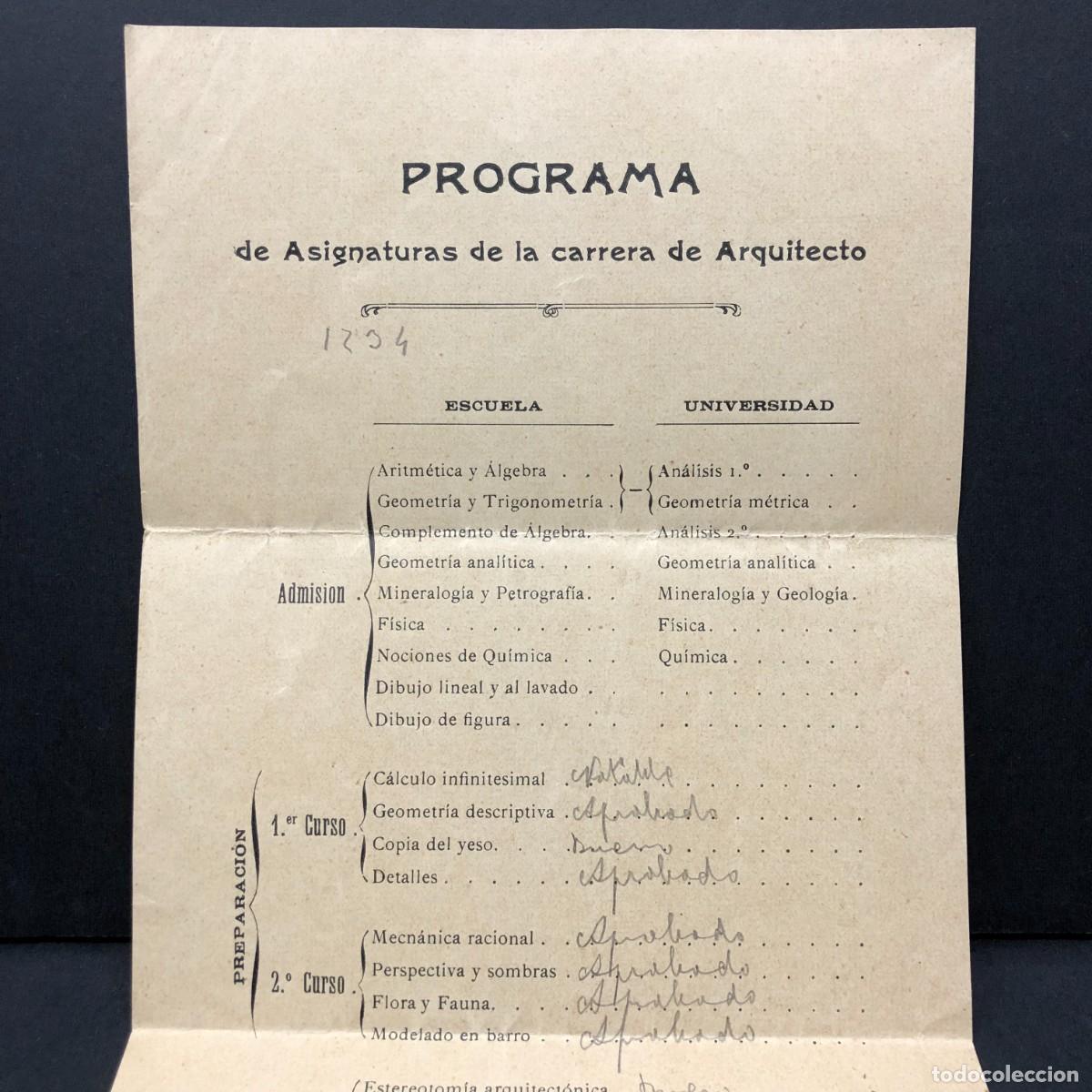 Documentos antiguos: PROGRAMA DE ASIGNATURAS DE LA CARRERA DE ARQUITECTO - ARQUITECTURA - C. 1900 - RARO DOCUMENTO / 261 - Foto 2