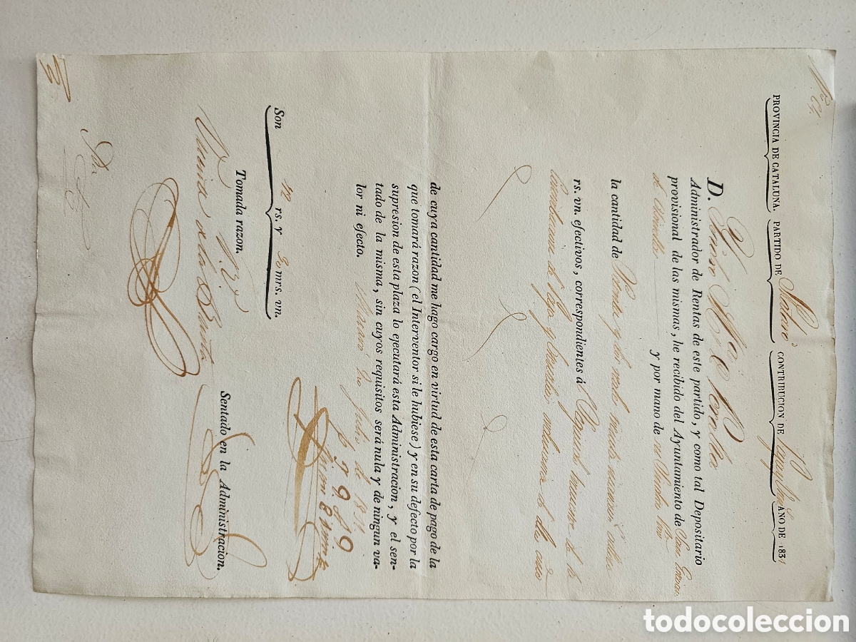 Documentos antiguos: Carta de pago de contribuci&oacute;n de la provincia de Catalu&ntilde;a (Matar&oacute;, 1831) Isidro Mar&iacute;a Peralta,
