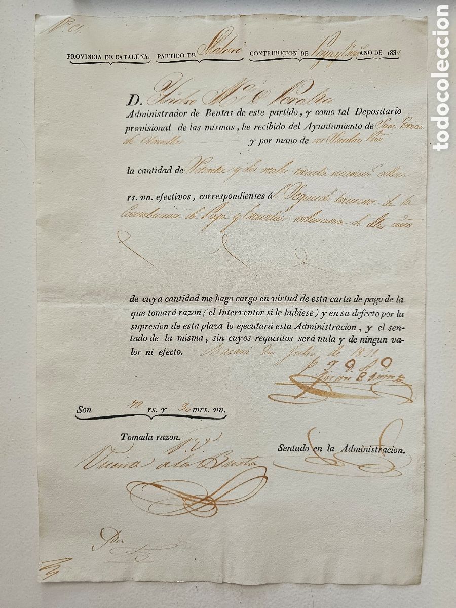 Documentos antiguos: Carta de pago de contribuci&oacute;n de la provincia de Catalu&ntilde;a (Matar&oacute;, 1831) Isidro Mar&iacute;a Peralta,