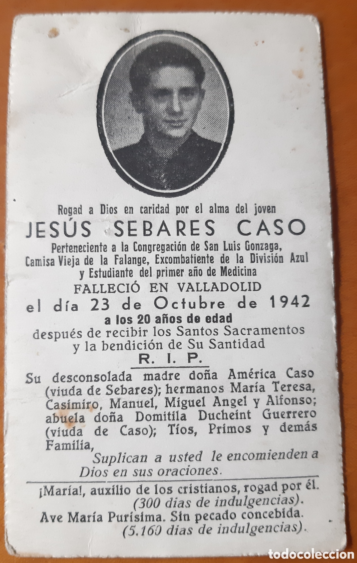 Documentos antiguos: Guerra civil Valladolid. Falange, divisi&oacute;n azul. Esquela. R10181
