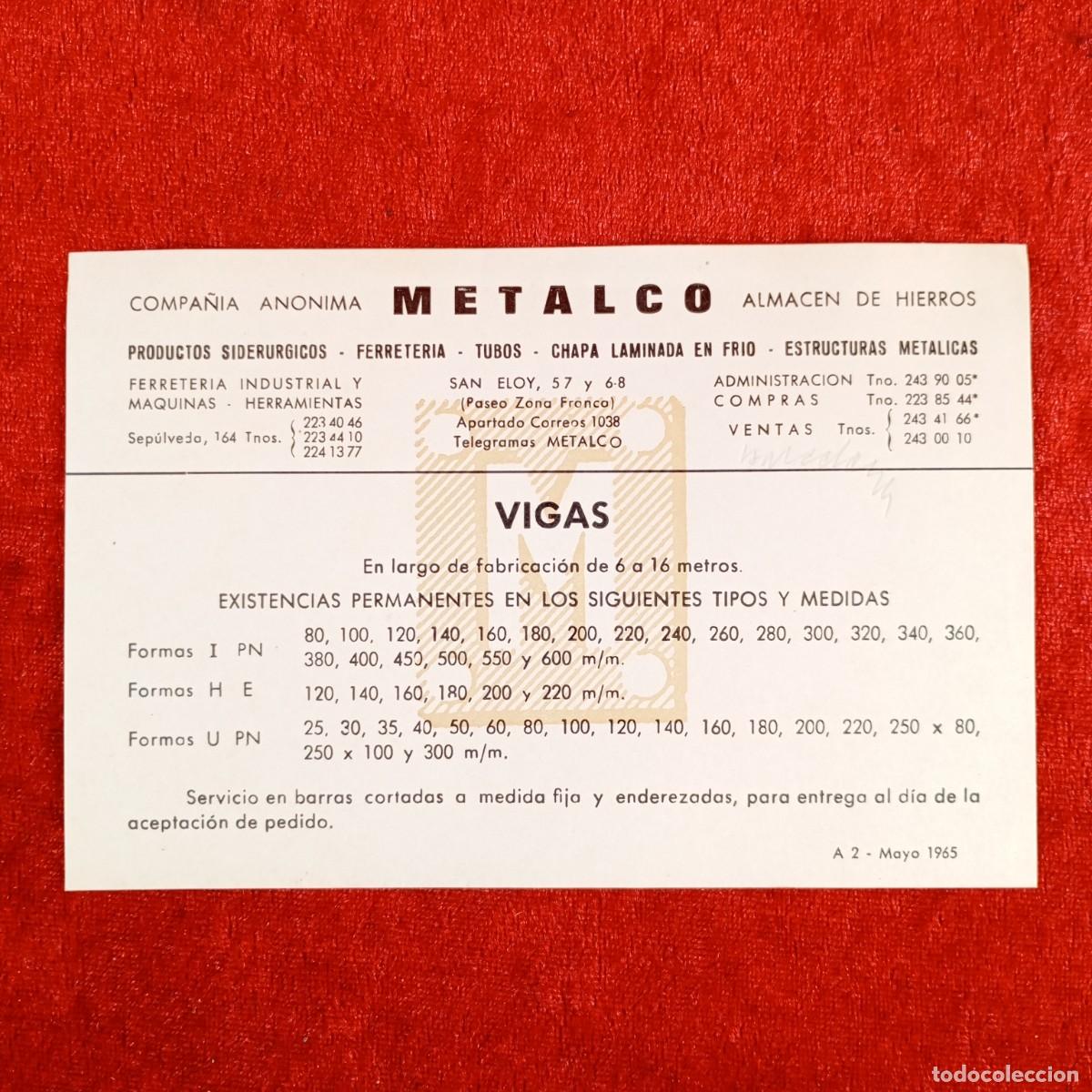 Documentos antiguos: METALCO - COMPA&Ntilde;IA ANONIMA - ALMACEN DE HIERROS VIGAS - 1965 - RAR&Iacute;SIMO DOCUMENTO PUBLICITARIO / 533