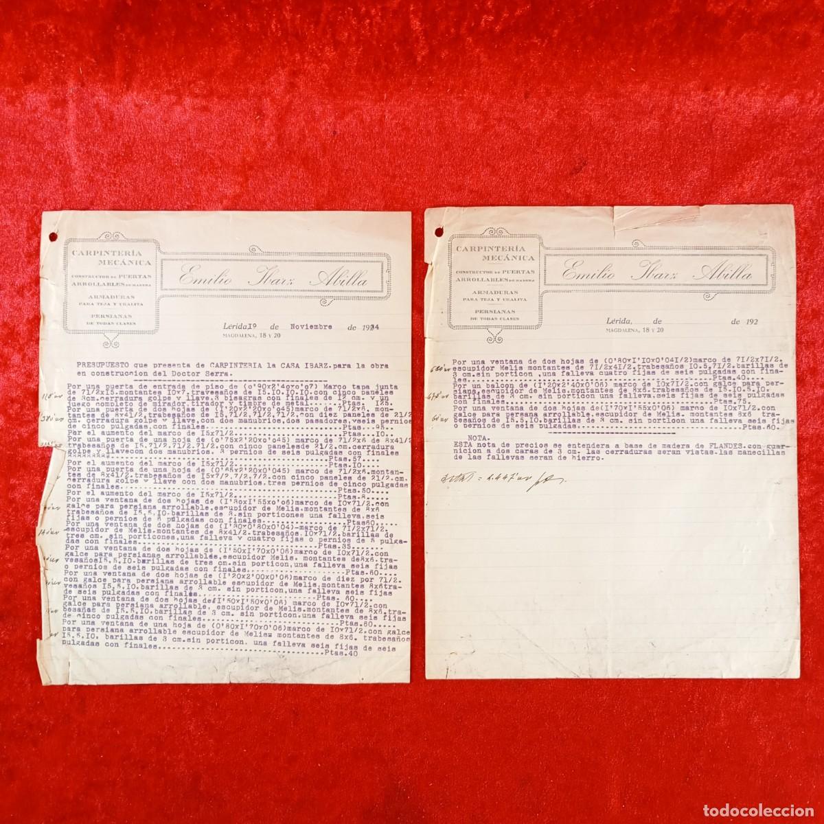Documentos antiguos: EMILIO IBARZ ABILLA - CARPINTERIA MEC&Aacute;NICA - L&Eacute;RIDA 1934 - PRESUPUESTO - DOCTOR SERRA / 576