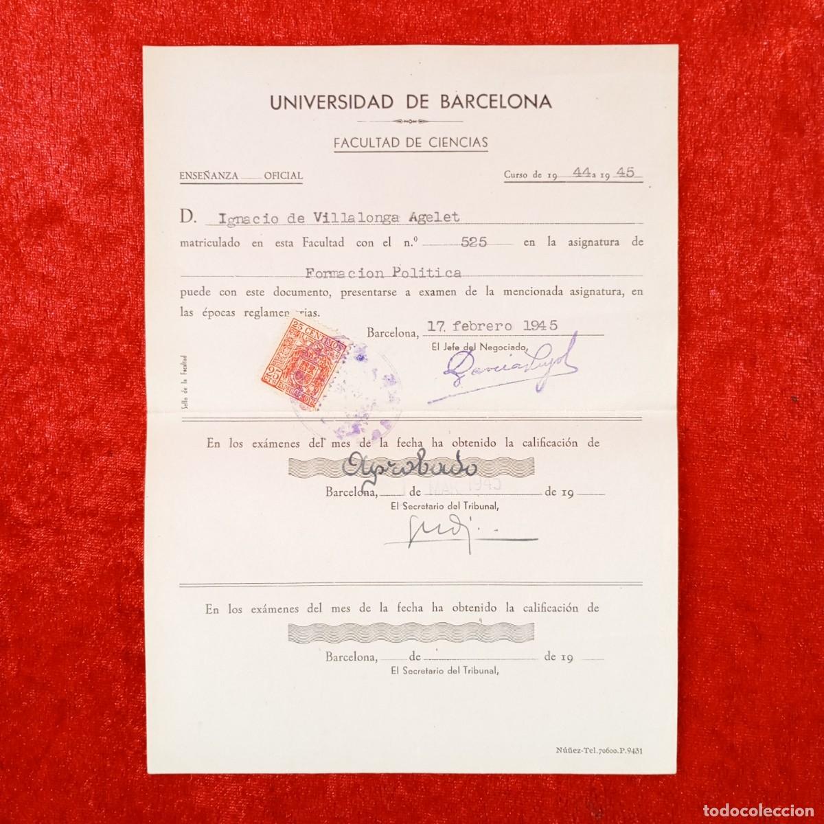 Documentos antiguos: MATRICULA - UNIVERSIDAD DE BARCELONA - FACULTAD DE CIENCIAS Y FARMACIA - A&Ntilde;OS 40 / 669
