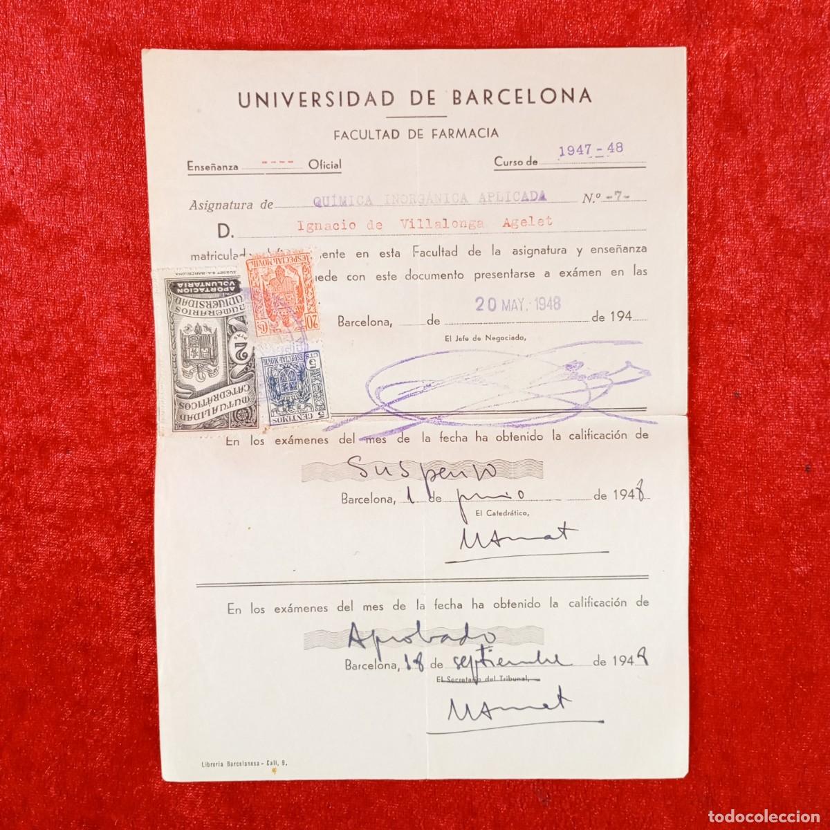 Documentos antiguos: MATRICULA - UNIVERSIDAD DE BARCELONA - FACULTAD DE FARMACIA - A&Ntilde;OS 40 / 677
