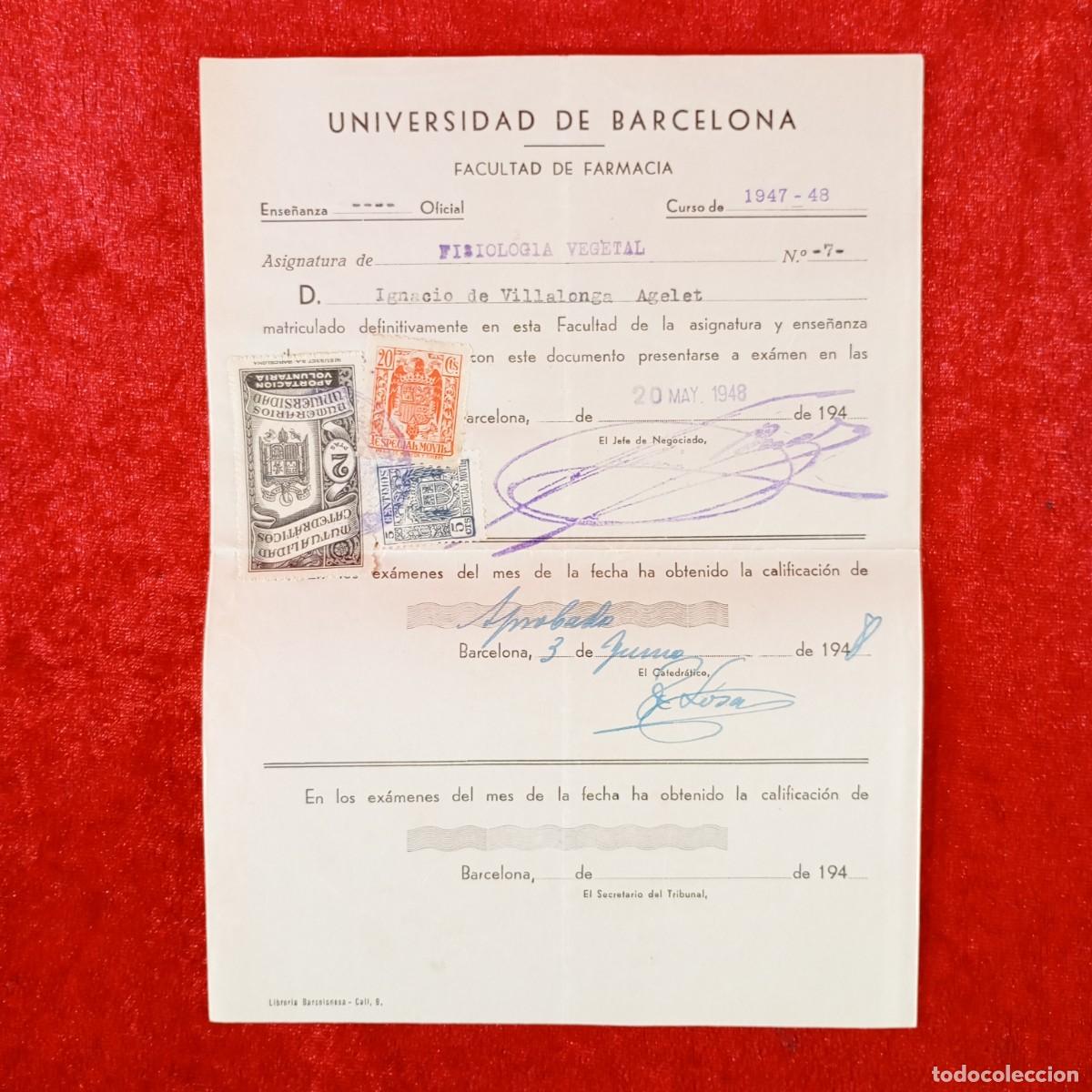 Documentos antiguos: MATRICULA - UNIVERSIDAD DE BARCELONA - FACULTAD DE FARMACIA - A&Ntilde;OS 40 / 678